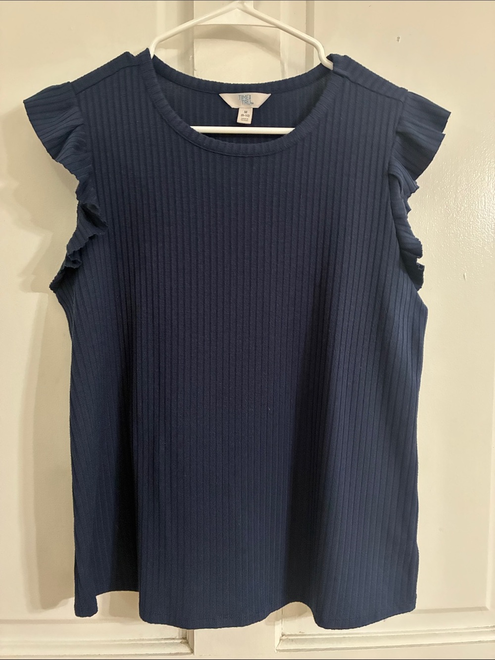 Time and Tru Navy Ribbed Tank with Ruffle Sleeves
